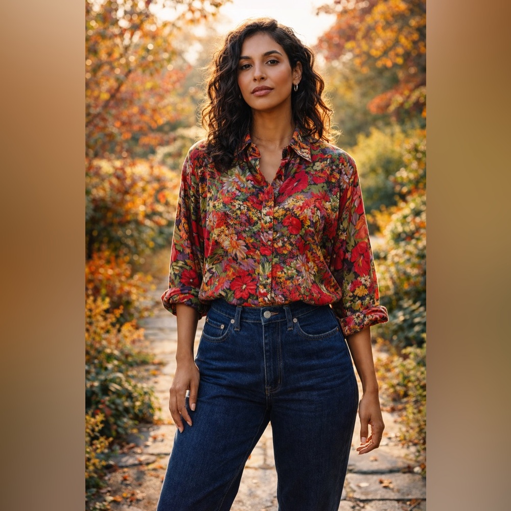 Multicolor Floral Rayon Blouse Womens S Button Front Boho Cottagecore Art Print